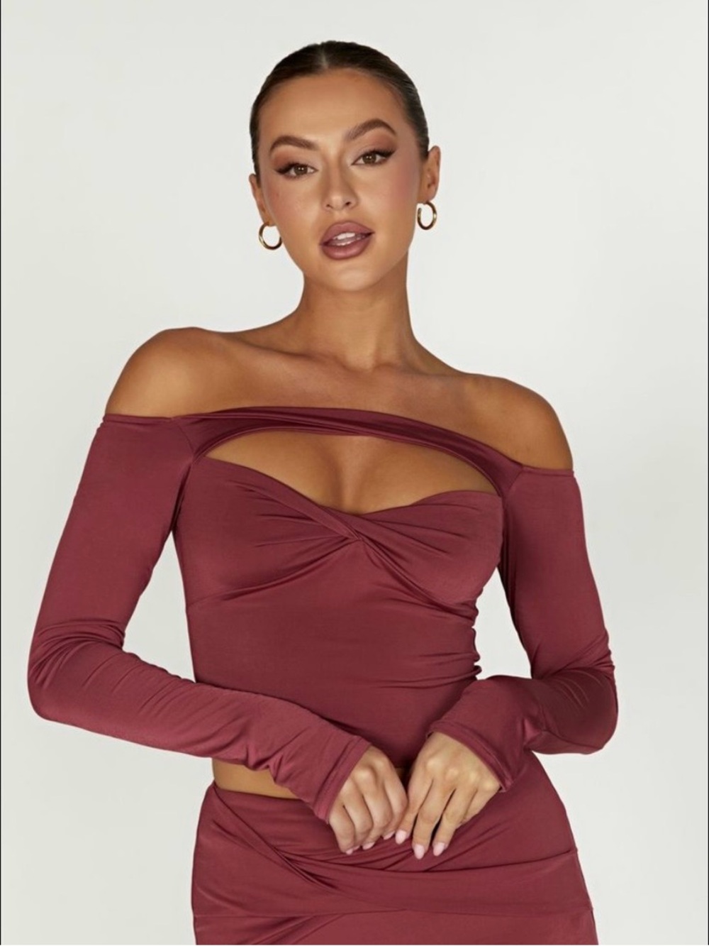 Ceri Off Shoulder Long Sleeve Top - Wine